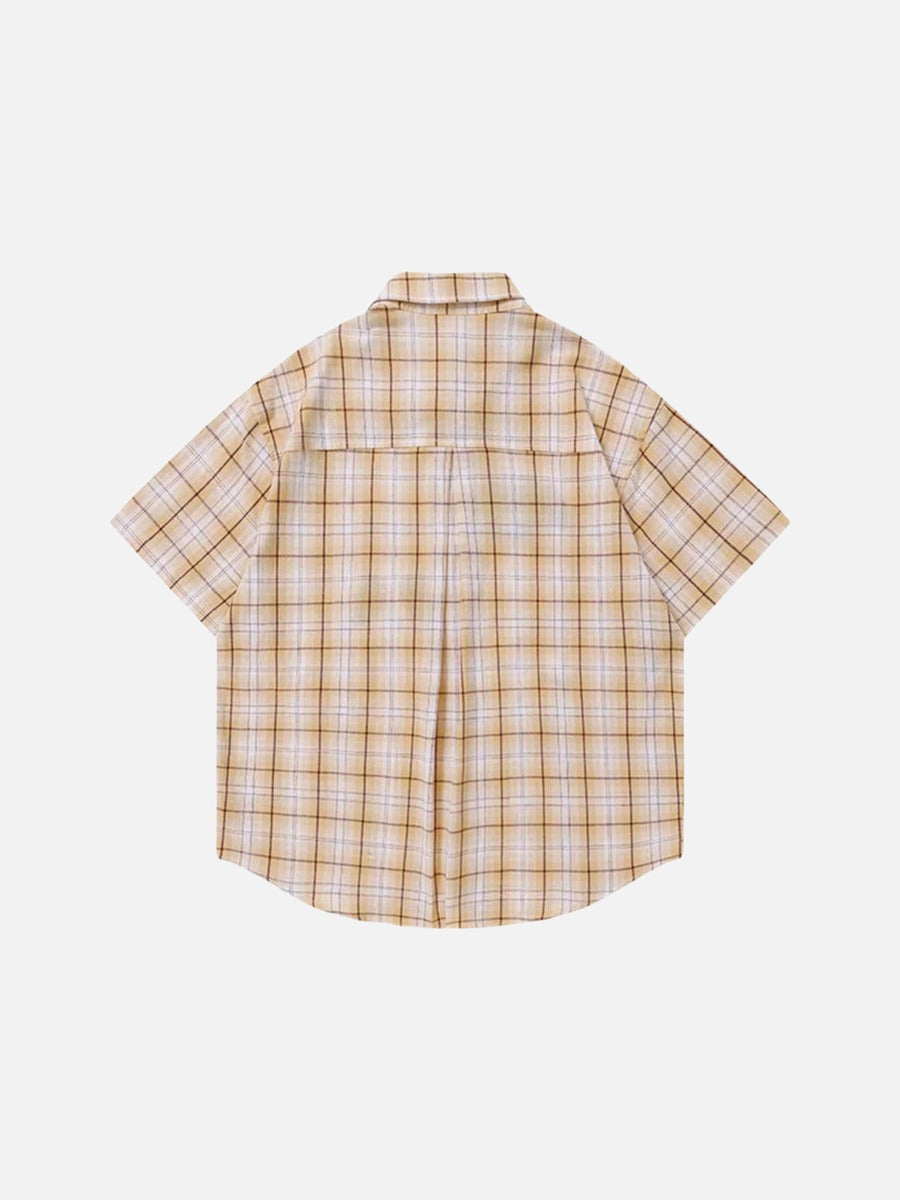 DAXUEN Short-sleeved oversized button-up shirt with plaid pattern and embroidery