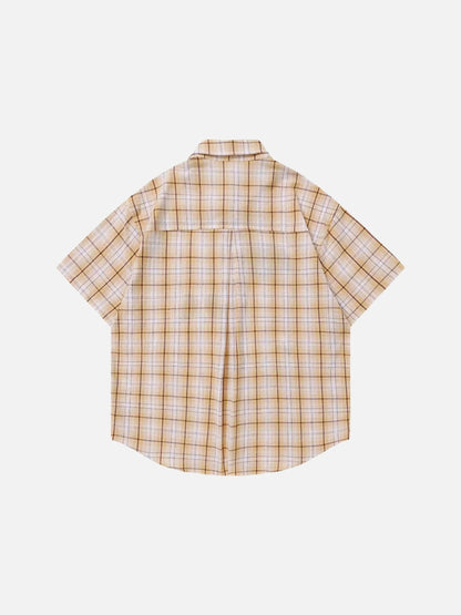 DAXUEN Short-sleeved oversized button-up shirt with plaid pattern and embroidery