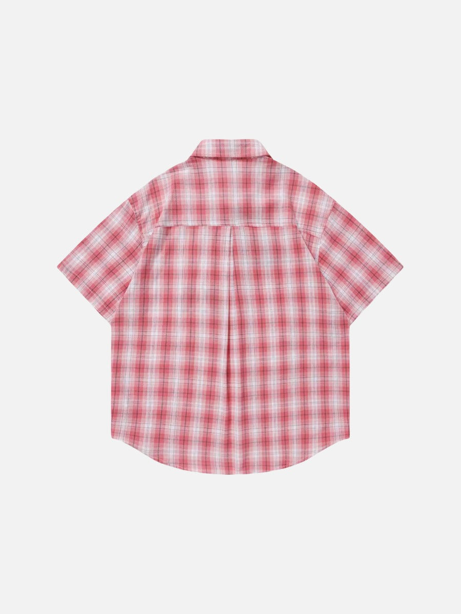 DAXUEN Short-sleeved oversized button-up shirt with plaid pattern and embroidery