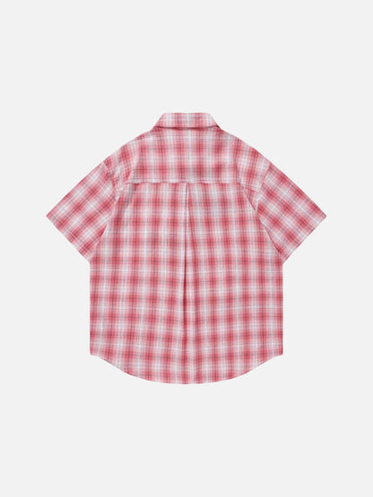 DAXUEN Short-sleeved oversized button-up shirt with plaid pattern and embroidery