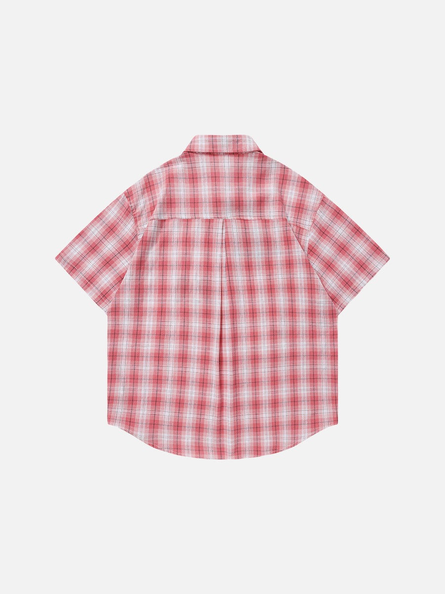 DAXUEN Short-sleeved oversized button-up shirt with plaid pattern and embroidery