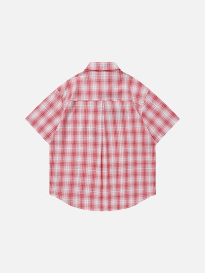 DAXUEN Short-sleeved oversized button-up shirt with plaid pattern and embroidery