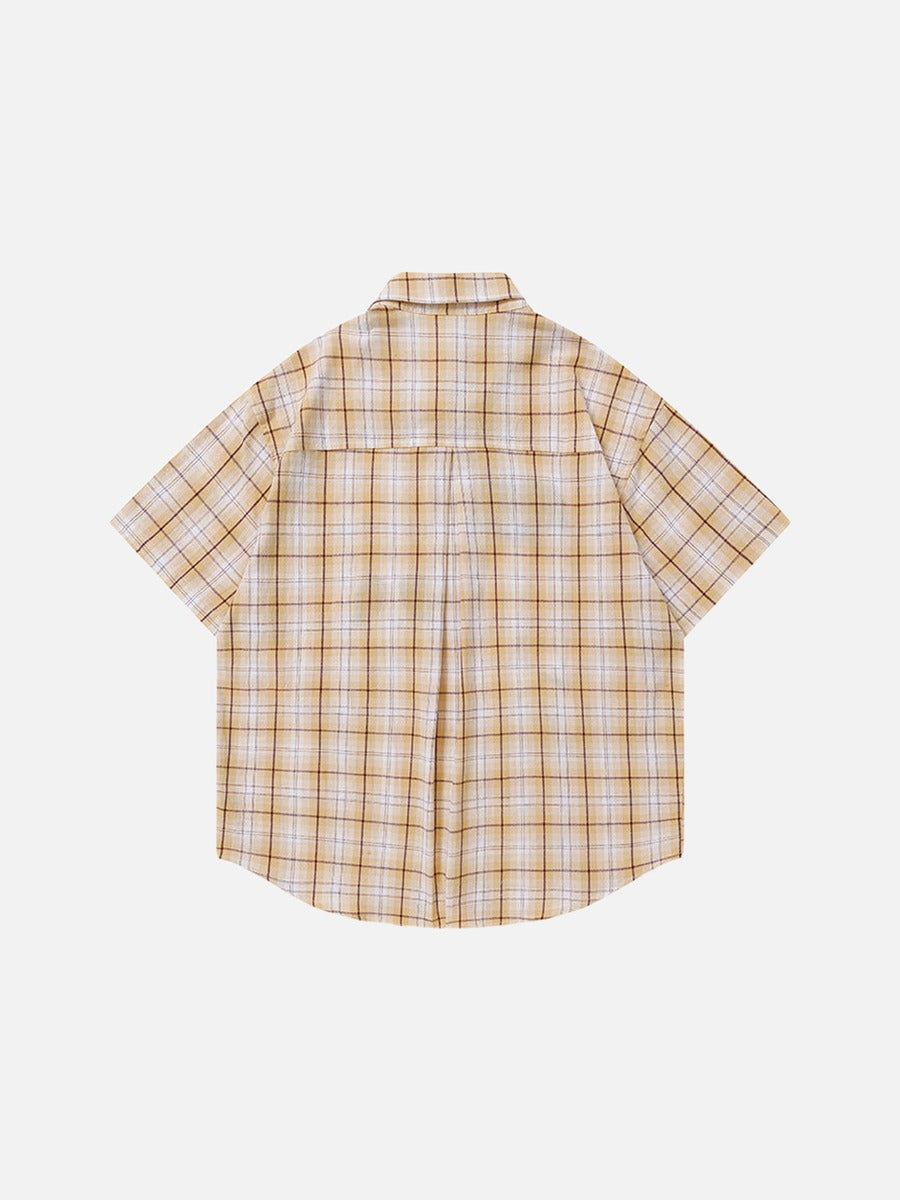 DAXUEN Short-sleeved oversized button-up shirt with plaid pattern and embroidery
