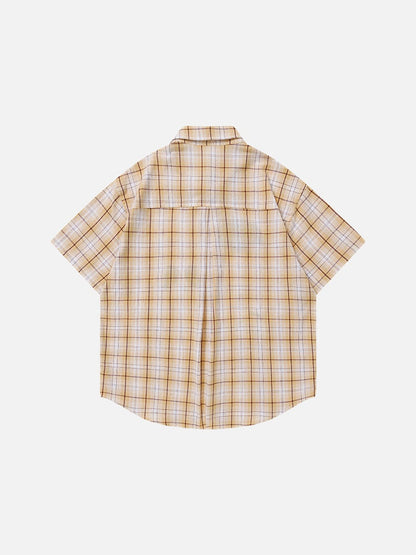DAXUEN Short-sleeved oversized button-up shirt with plaid pattern and embroidery