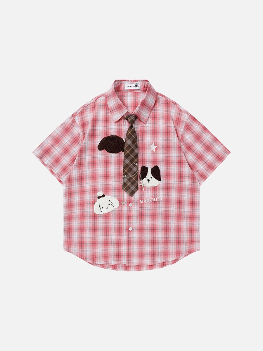 DAXUEN Short-sleeved oversized button-up shirt with plaid pattern and embroidery