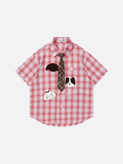 DAXUEN Short-sleeved oversized button-up shirt with plaid pattern and embroidery