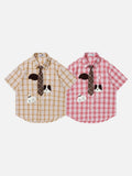 DAXUEN Short-sleeved oversized button-up shirt with plaid pattern and embroidery