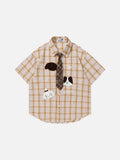 DAXUEN Short-sleeved oversized button-up shirt with plaid pattern and embroidery