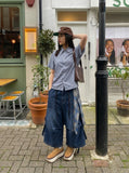 DAXUEN Short-sleeved blue and white check button-up shirt — model photo