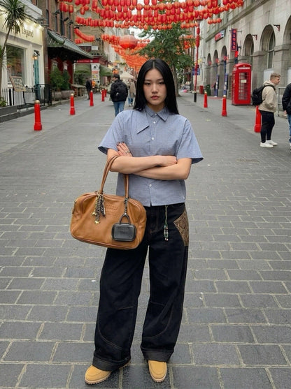 DAXUEN Short-sleeved blue and white check button-up shirt — model photo