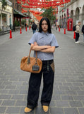DAXUEN Short-sleeved blue and white check button-up shirt — model photo