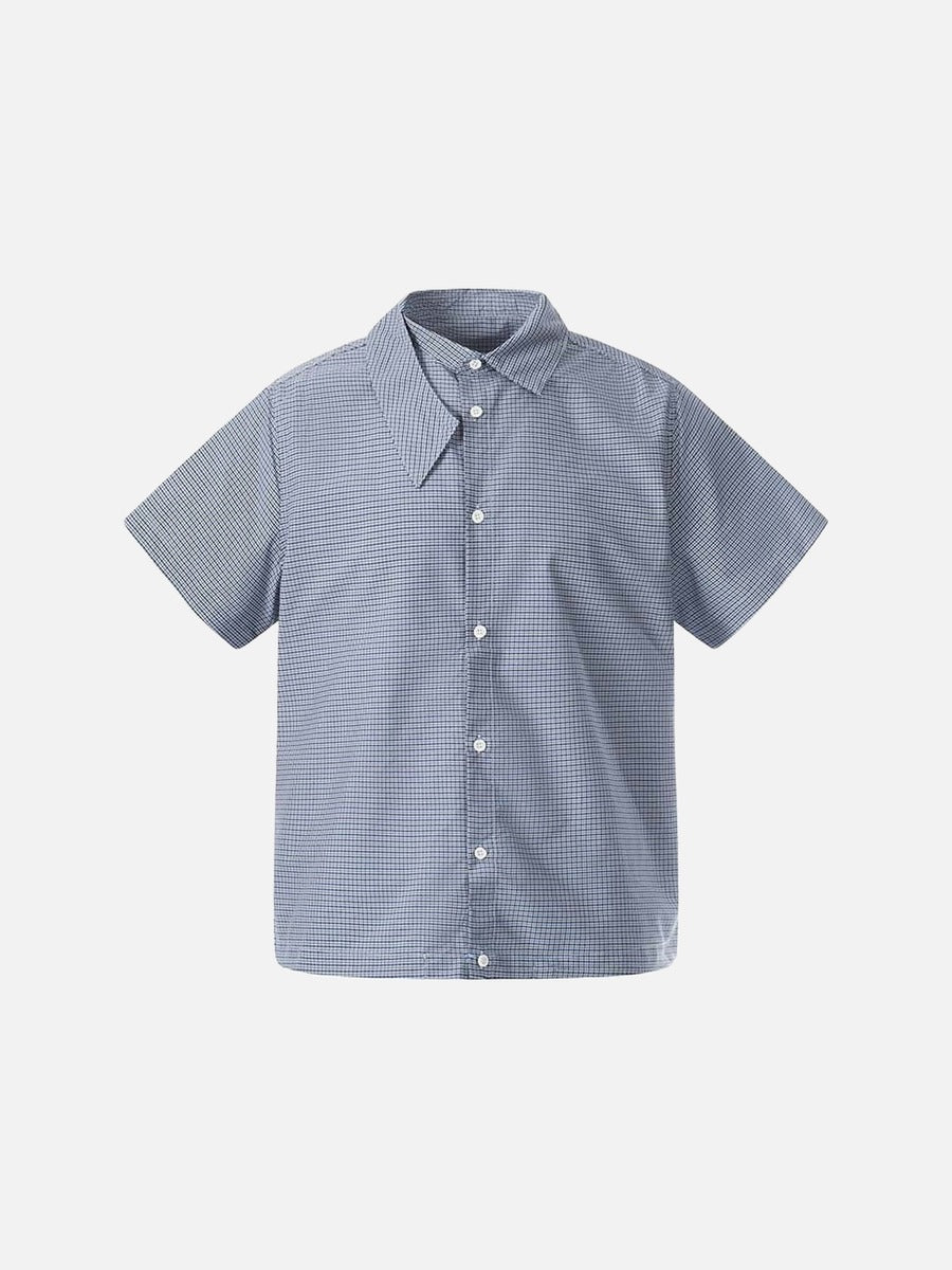 DAXUEN Short-sleeved blue and white check button-up shirt