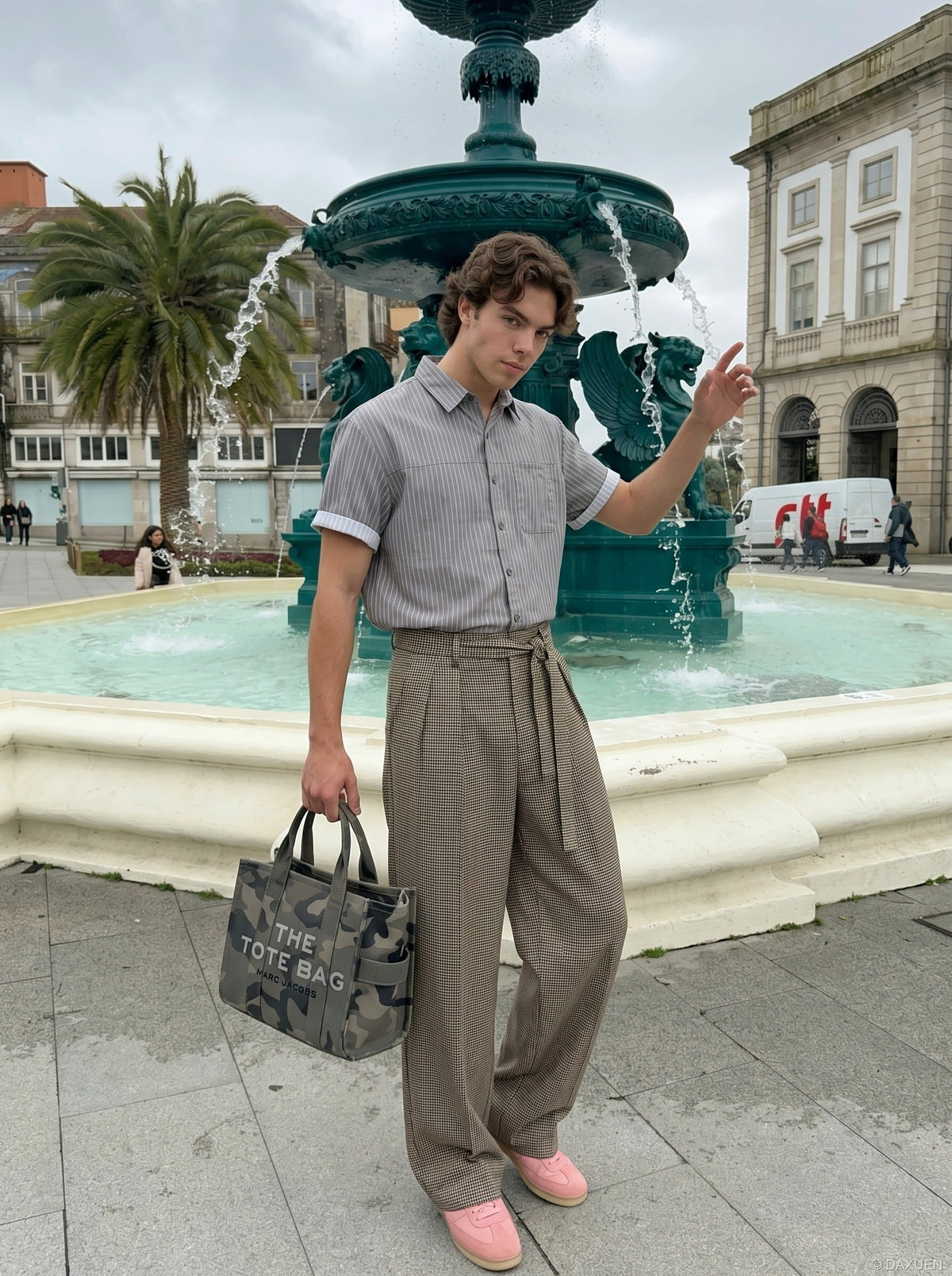 DAXUEN Short-sleeved grey striped button-up shirt — model photo