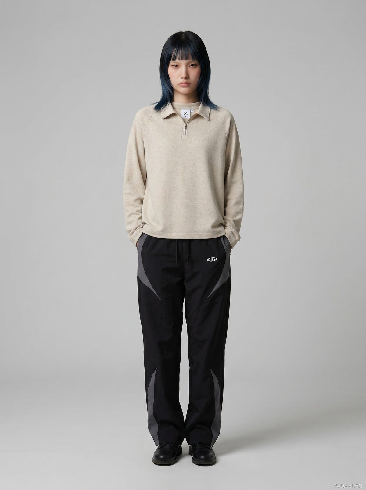 DAXUEN Half-zip polo long sleeve t-shirt in beige and grey — model photo