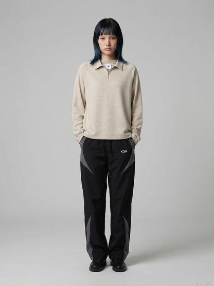 DAXUEN Half-zip polo long sleeve t-shirt in beige and grey — model photo
