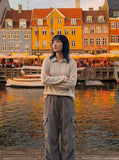 DAXUEN Half-zip polo long sleeve t-shirt in beige and grey — model photo