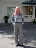 DAXUEN Long-sleeved plaid button-up shirt — model photo