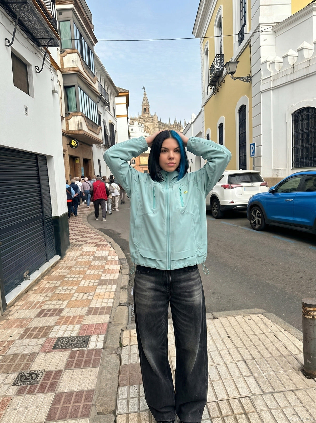 DAXUEN Oversized hooded technical jacket — model photo