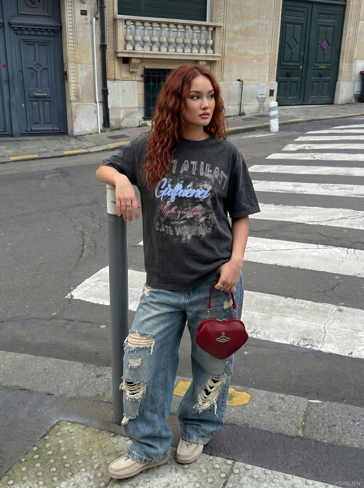 DAXUEN Distressed graphic t-shirt with bold text print — model photo