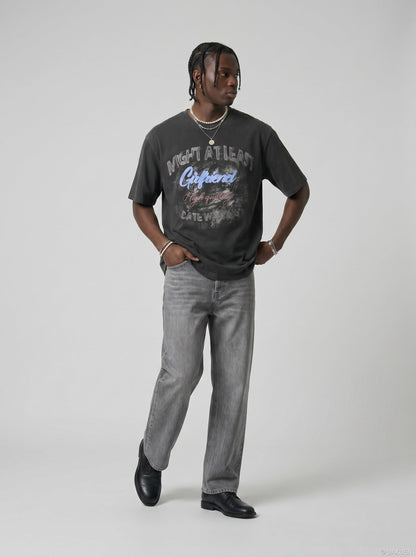 DAXUEN Distressed graphic t-shirt with bold text print — model photo