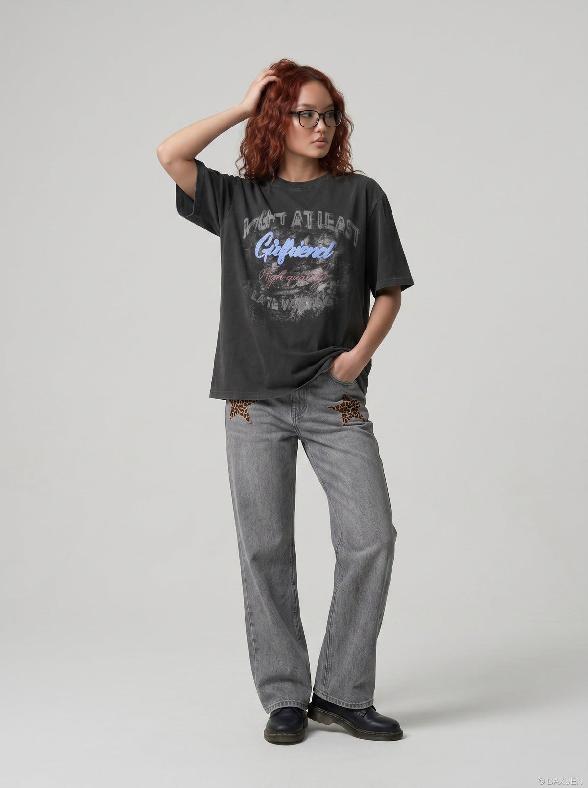 DAXUEN Distressed graphic t-shirt with bold text print — model photo