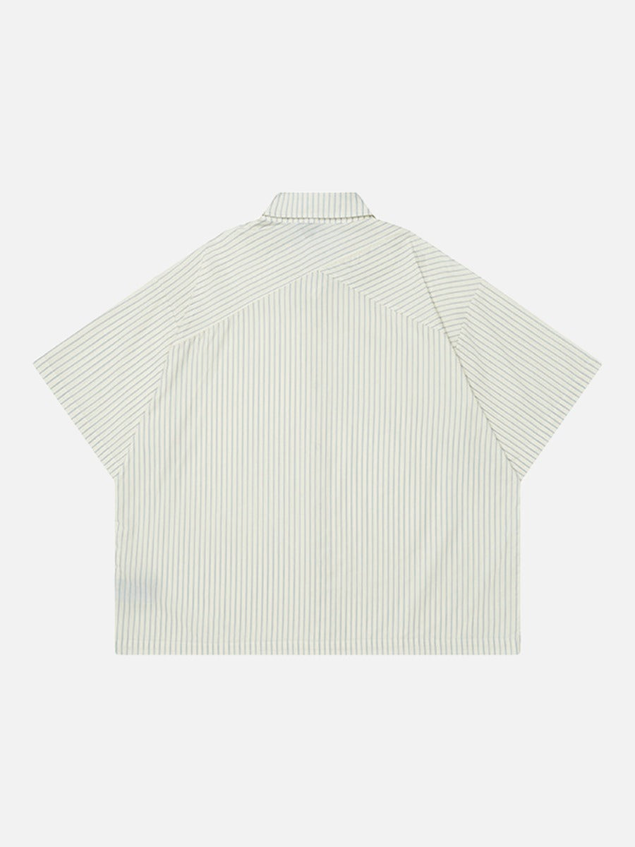 DAXUEN Cream striped button-up shirt with short sleeves — model photo