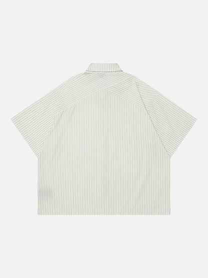 DAXUEN Cream striped button-up shirt with short sleeves — model photo