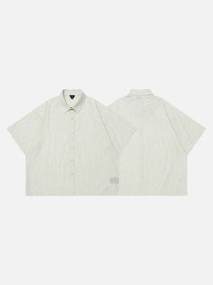DAXUEN Cream striped button-up shirt with short sleeves — model photo