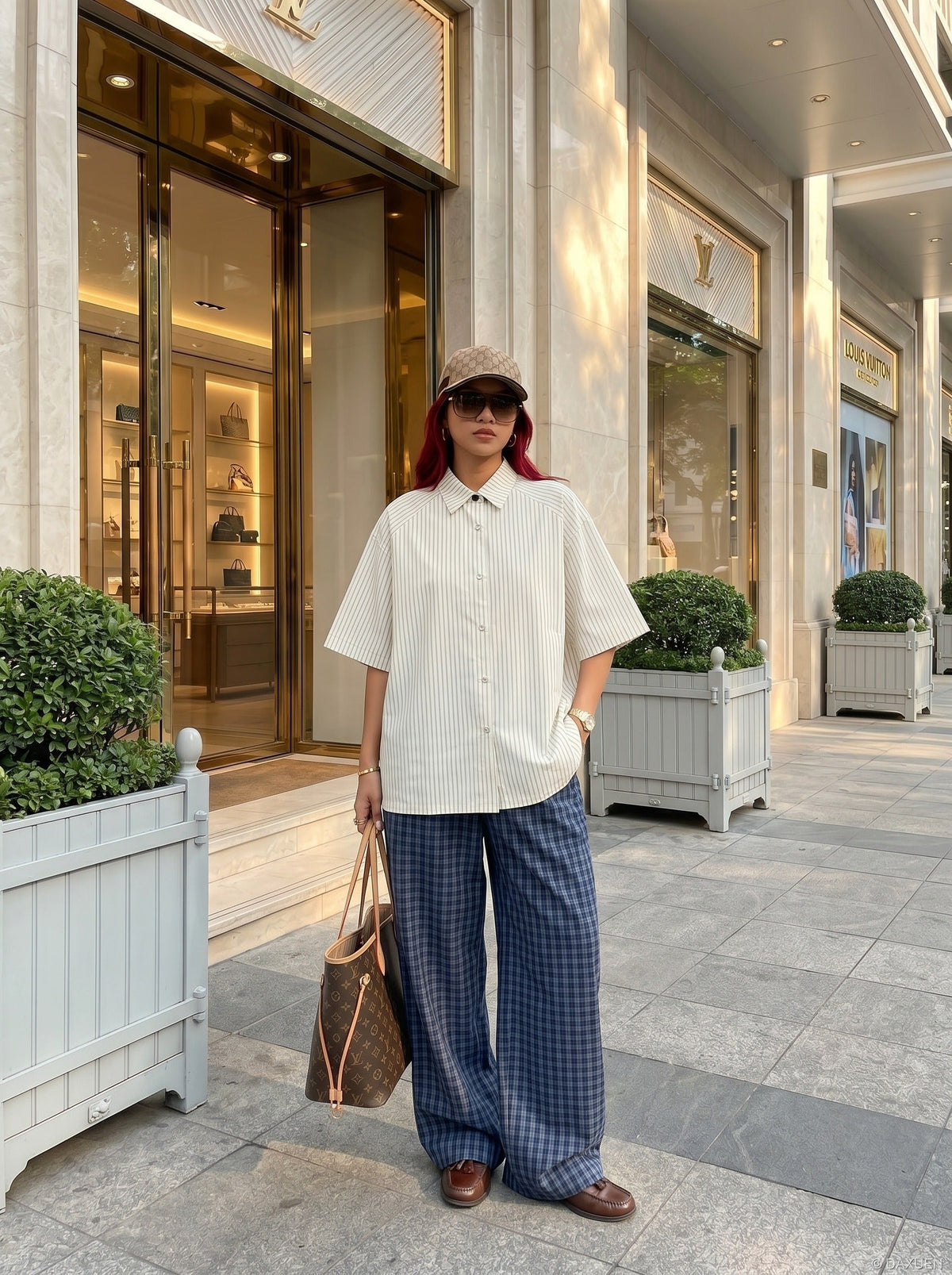 DAXUEN Cream striped button-up shirt with short sleeves — model photo