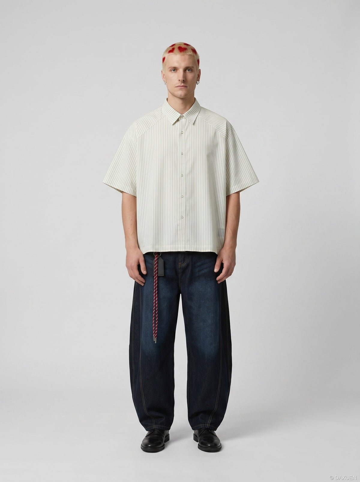 DAXUEN Cream striped button-up shirt with short sleeves — model photo