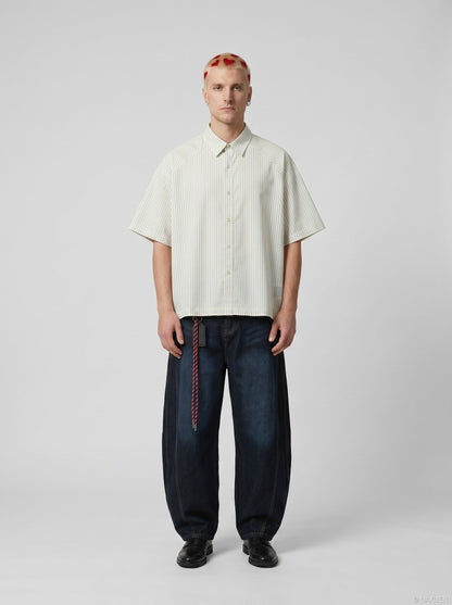 DAXUEN Cream striped button-up shirt with short sleeves — model photo