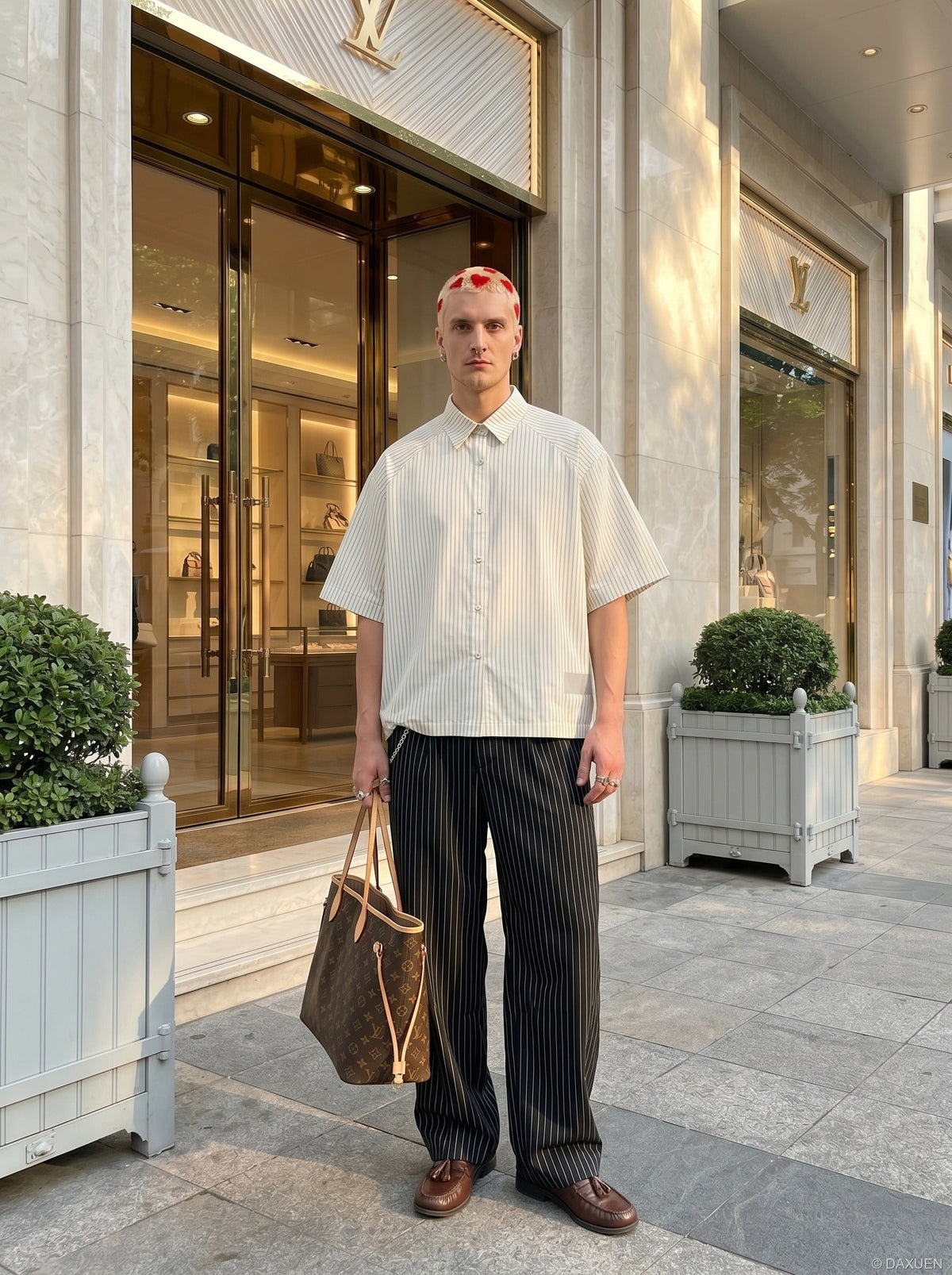 DAXUEN Cream striped button-up shirt with short sleeves — model photo