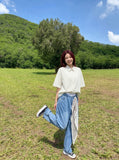 DAXUEN Cream striped button-up shirt with short sleeves — model photo
