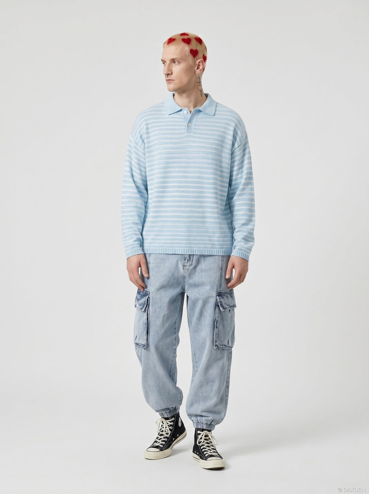 DAXUEN Knitted long-sleeve polo shirt with stripes — model photo