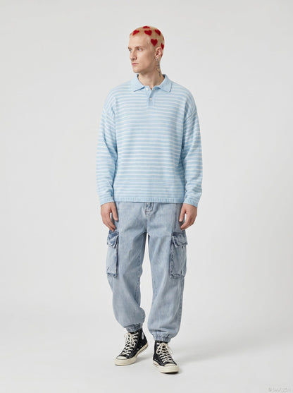 DAXUEN Knitted long-sleeve polo shirt with stripes — model photo