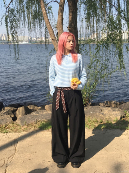 DAXUEN Knitted long-sleeve polo shirt with stripes — model photo