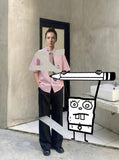 DAXUEN Plaid short sleeve shirt with cartoon dog embroidery — model photo