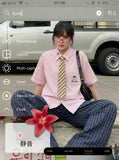 DAXUEN Plaid short sleeve shirt with cartoon dog embroidery — model photo