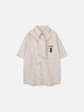 DAXUEN Short-sleeved plaid shirt with cat embroidery