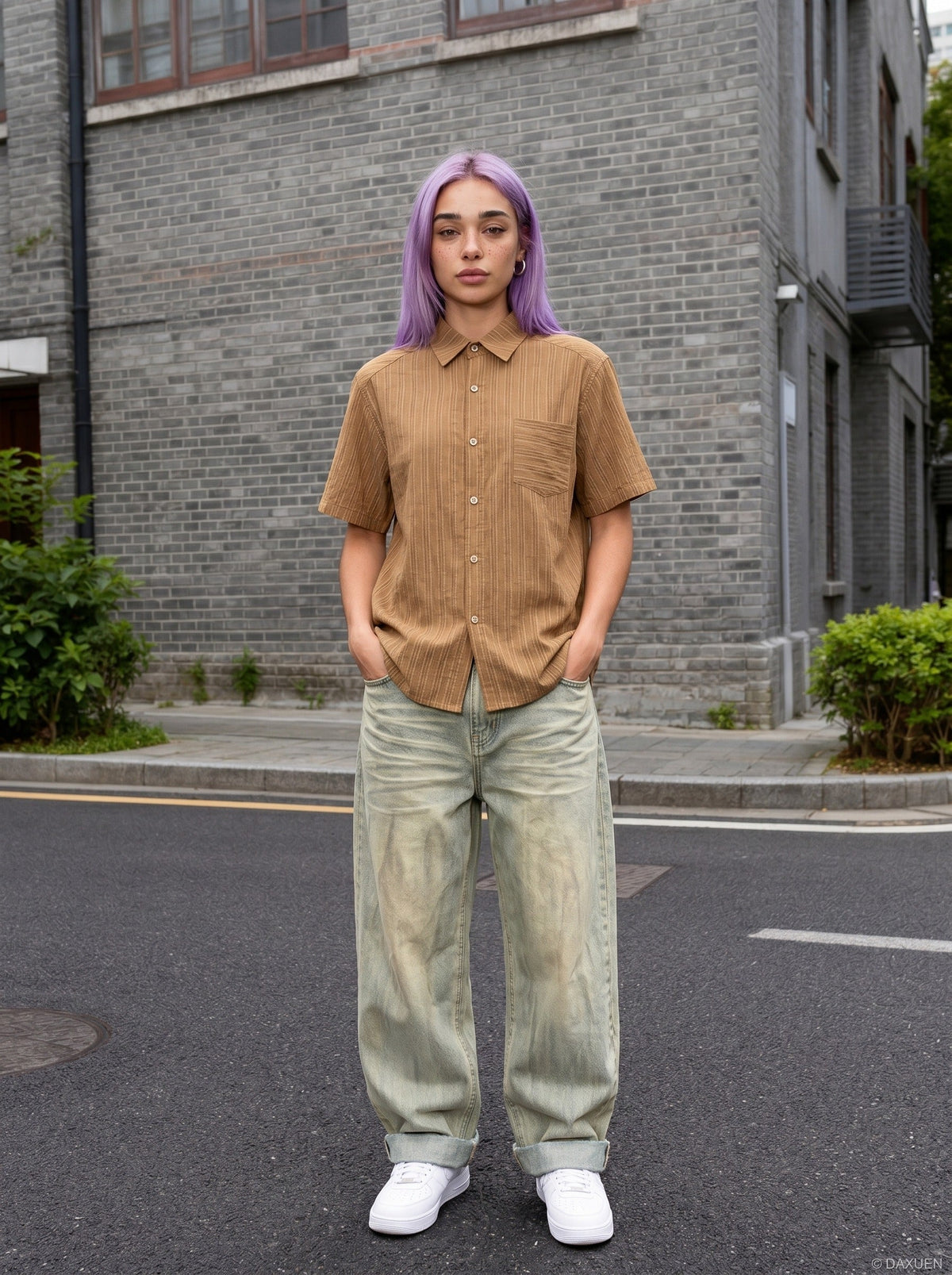 DAXUEN Textured short-sleeved button-up shirt — model photo