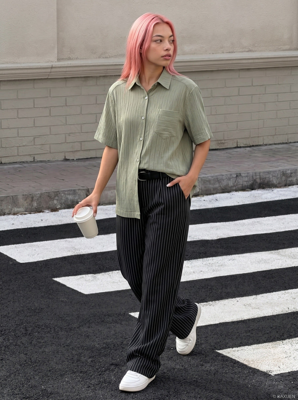 DAXUEN Textured short-sleeved button-up shirt — model photo