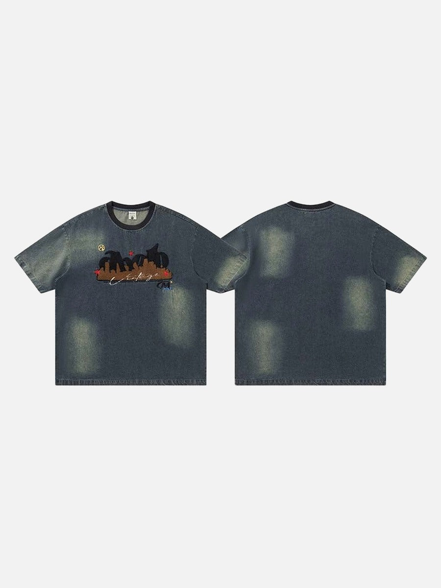 DAXUEN Embroidered denim t-shirt with cityscape design
