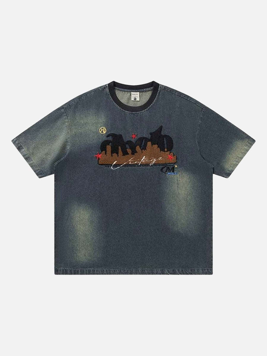 DAXUEN Embroidered denim t-shirt with cityscape design