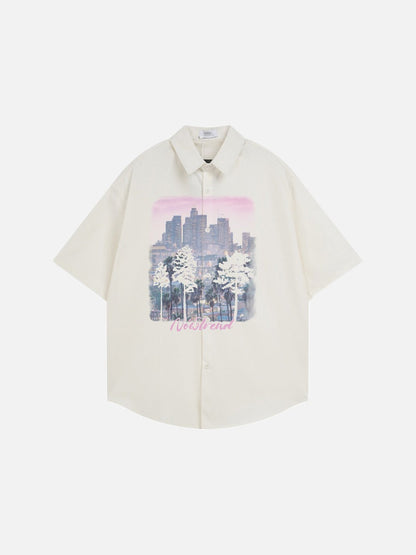 DAXUEN Short-sleeved button-up casual shirt with cityscape graphic