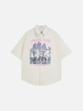 DAXUEN Short-sleeved button-up casual shirt with cityscape graphic