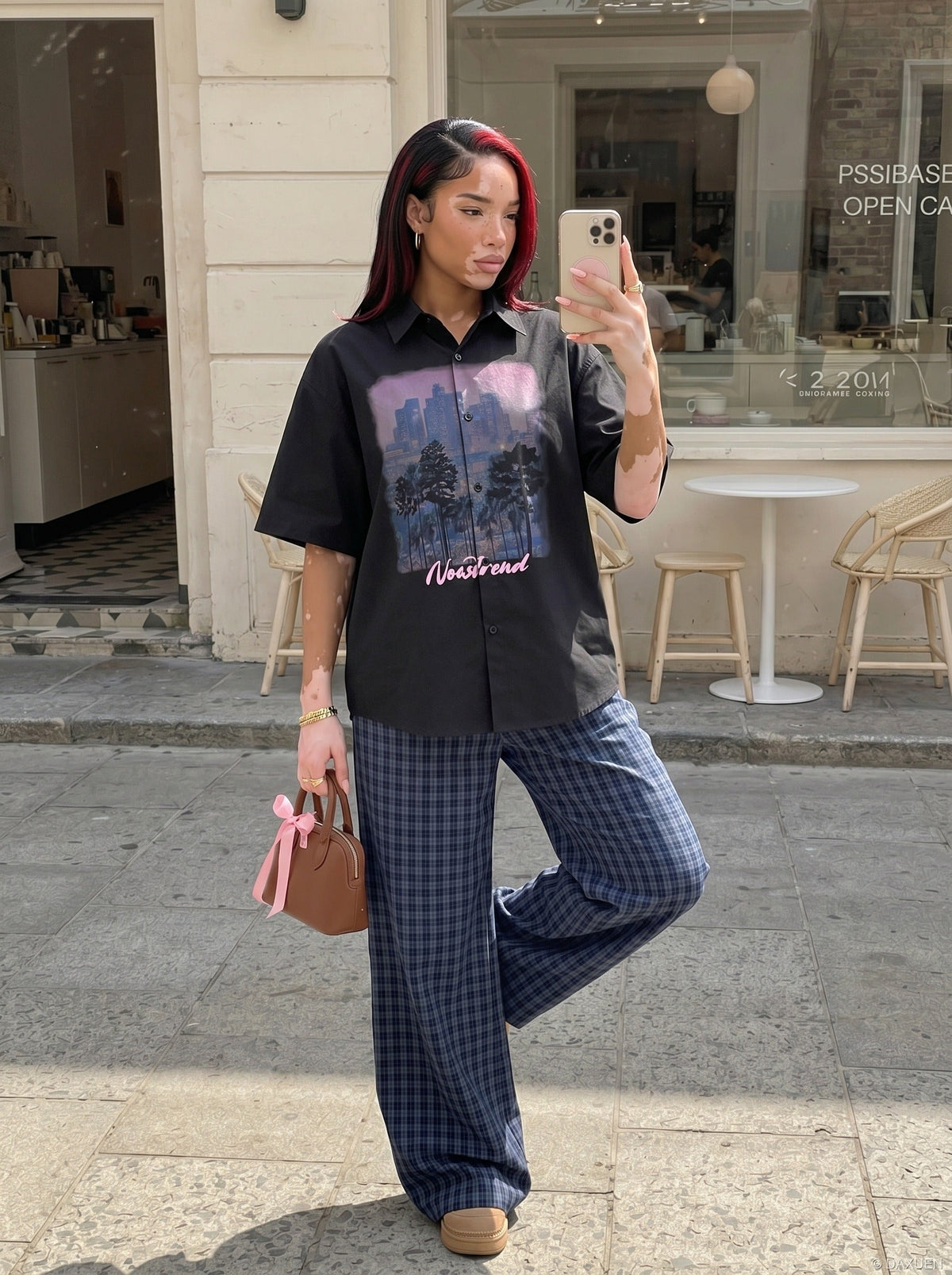 DAXUEN Short-sleeved button-up casual shirt with cityscape graphic — model photo