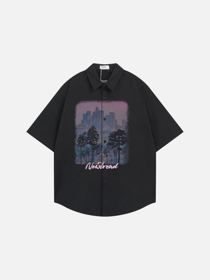 DAXUEN Short-sleeved button-up casual shirt with cityscape graphic