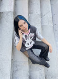 DAXUEN black oversized cloud-rabbit graphic t-shirt — model photo