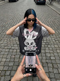 DAXUEN black oversized cloud-rabbit graphic t-shirt — model photo