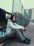 DAXUEN light grey marl full-zip hoodie with collage graphic — model photo